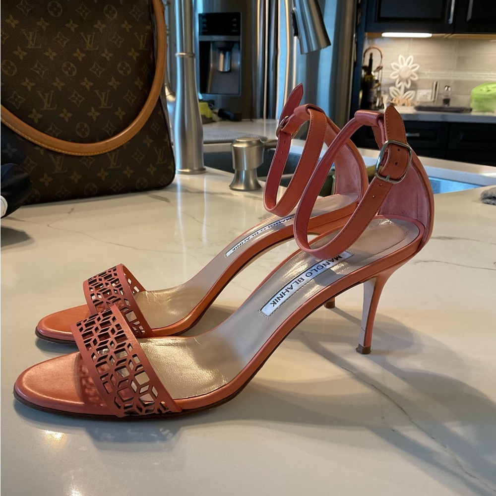 Manolo Blahnik Maurila Coral Leather Sandals/Heels - Size 38.5